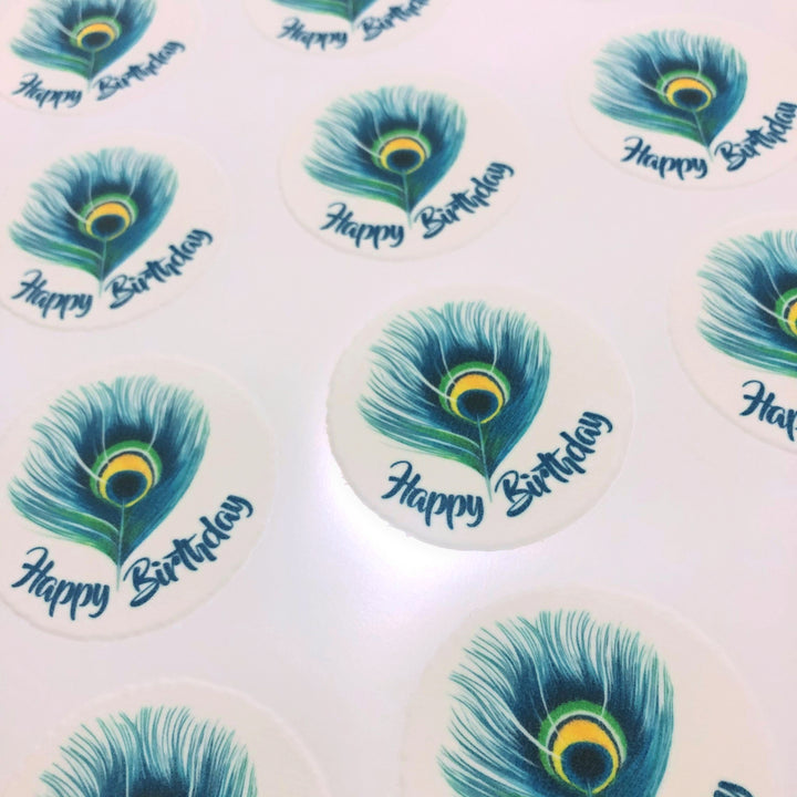 Peacock feather happy birthday edible image cupcake toppers