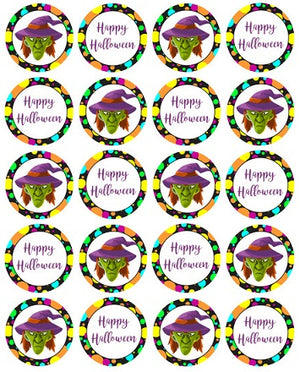 Witch Happy Halloween Edible Image Cupcake/Cookie Toppers 4cm diam x 20 - CustomIcing.com.au