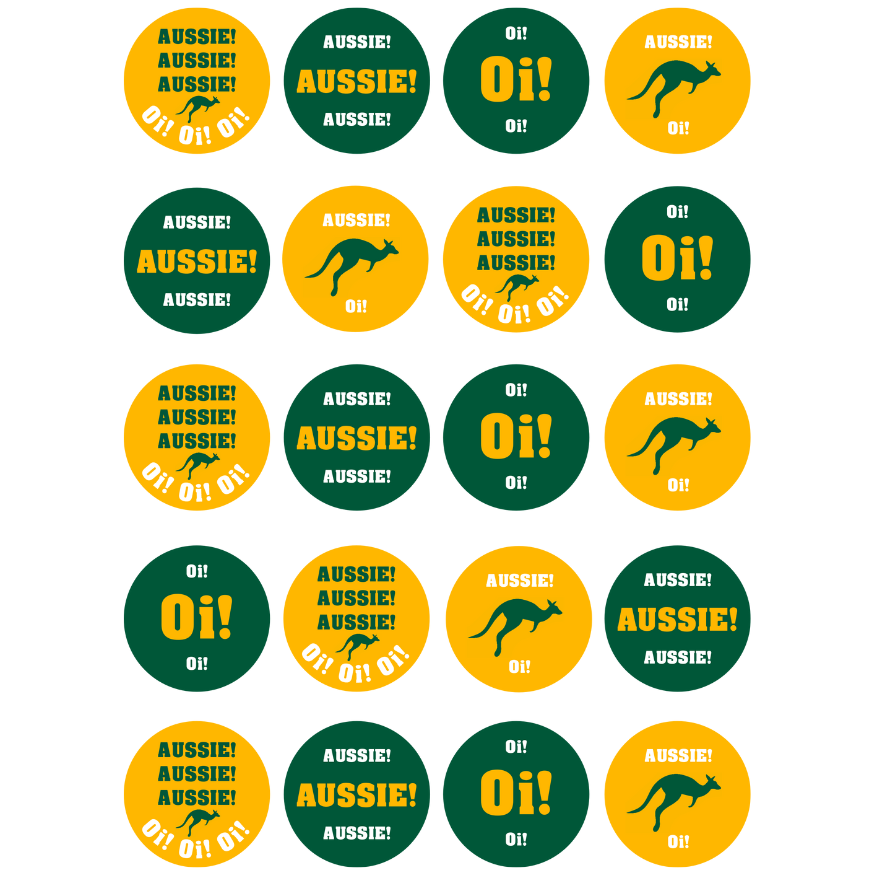 Aussie! Aussie! Aussie! 4cm x 20 Edible Image Cupcake or Cookie Toppers - CustomIcing.com.au