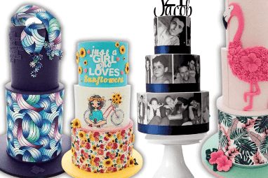 4 tiered celebrations cakes with different designs of Custom Icing edible image Cake Wraps displaying edible artwork, edible photos and floral patterns.