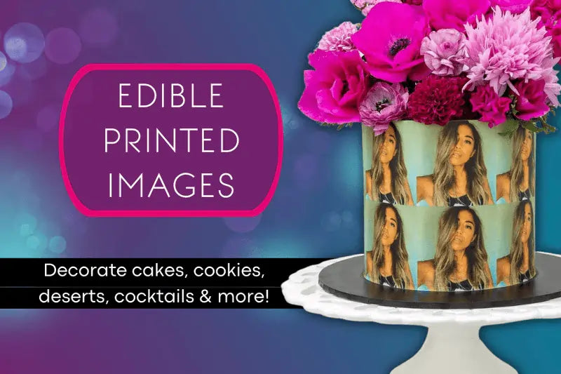 Cake with edible printed images of a woman's face, surrounded by pink flowers on a blue background.