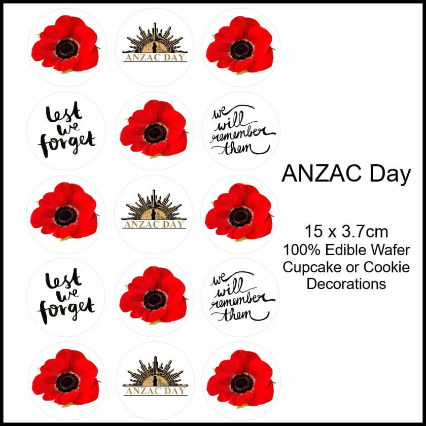 ANZAC Day - Edible Printed Wafer Cupcake Toppers (15 x 3.7cm ...