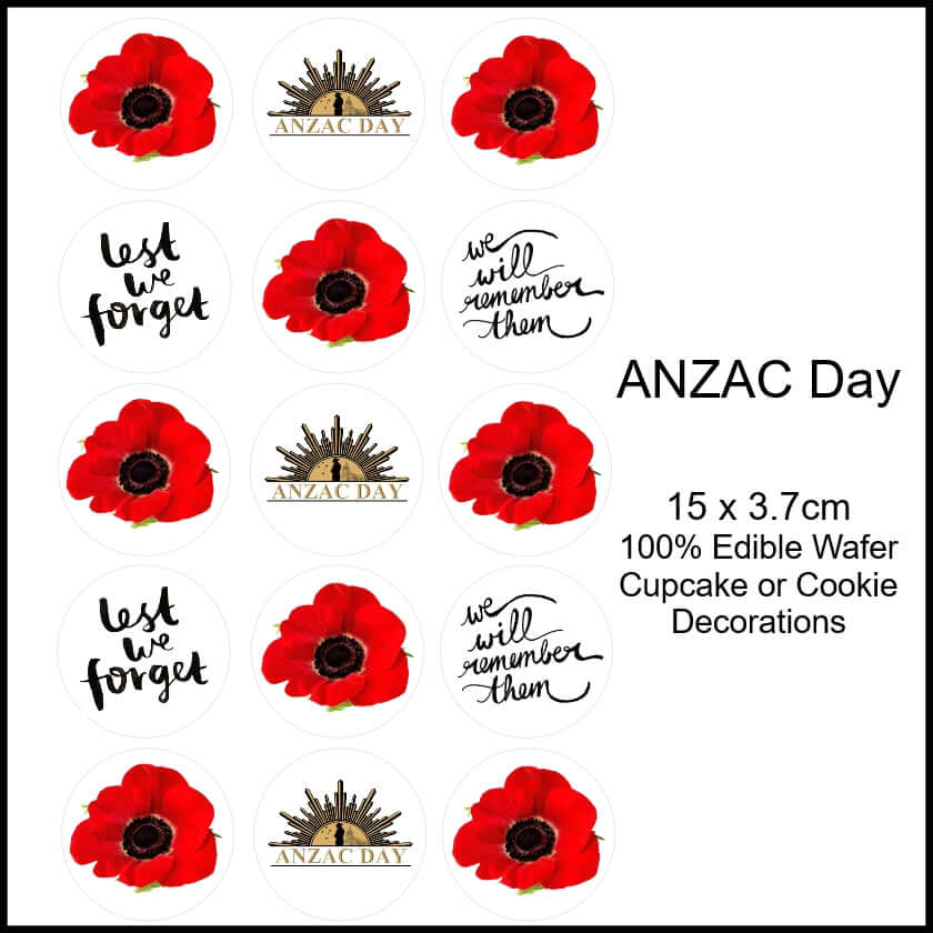 ANZAC Day - Edible Printed Wafer Cupcake Toppers (15 x 3.7cm) - CustomIcing.com.au