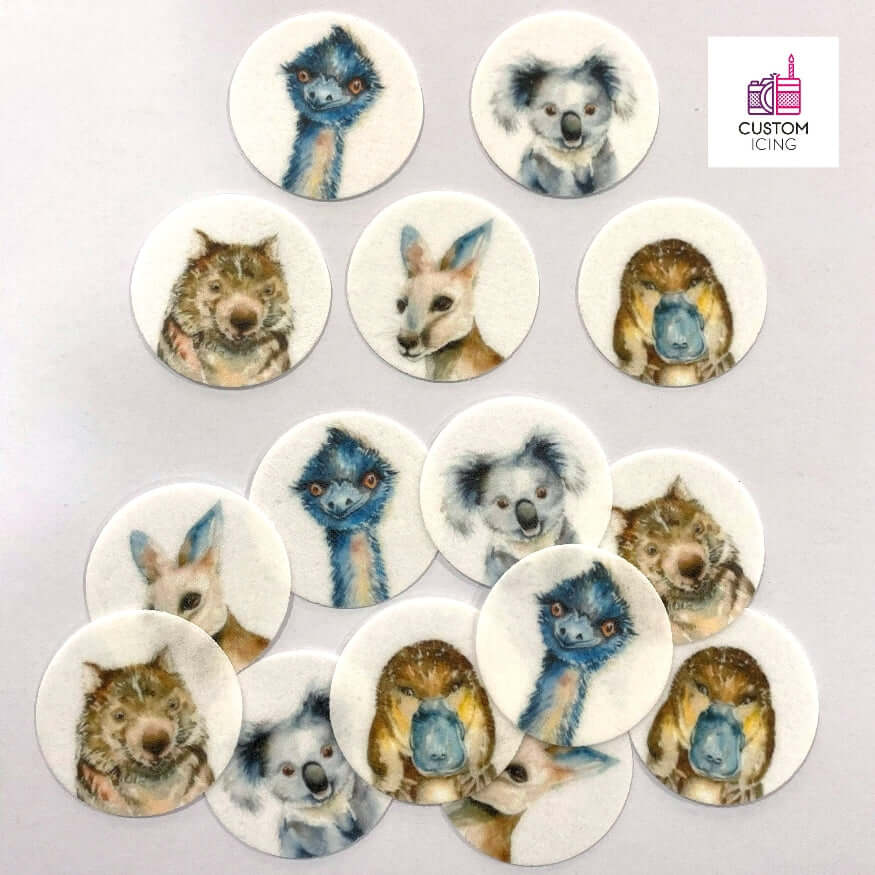 Australian Native Animals Edible Printed Wafers - 3.7cm x 15pcs - CustomIcing.com.au