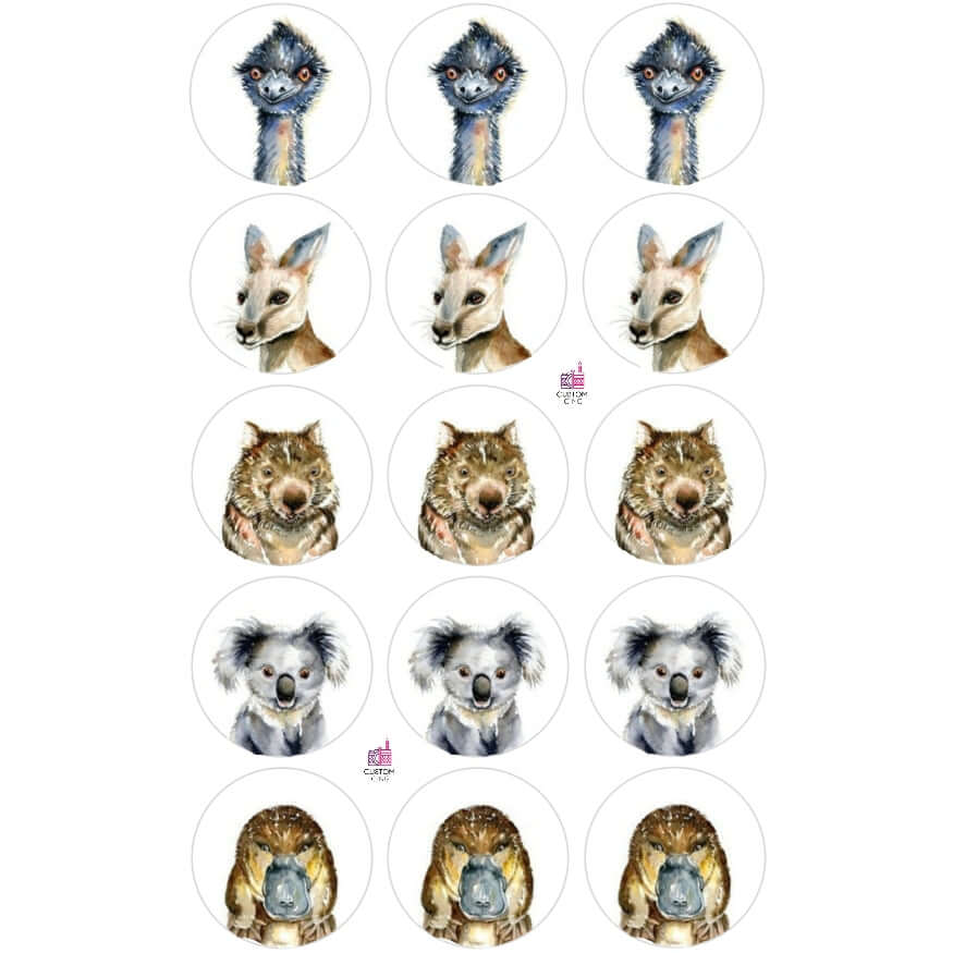 Australian Native Animals Edible Printed Wafers - 3.7cm x 15pcs - CustomIcing.com.au