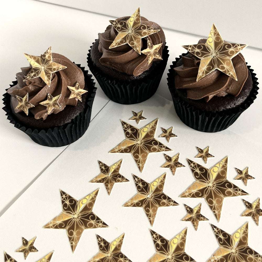 Fancy Filigree Stars - Edible Printed Icing - Cake or Cookie Decorations - 22 pieces - CustomIcing.com.au
