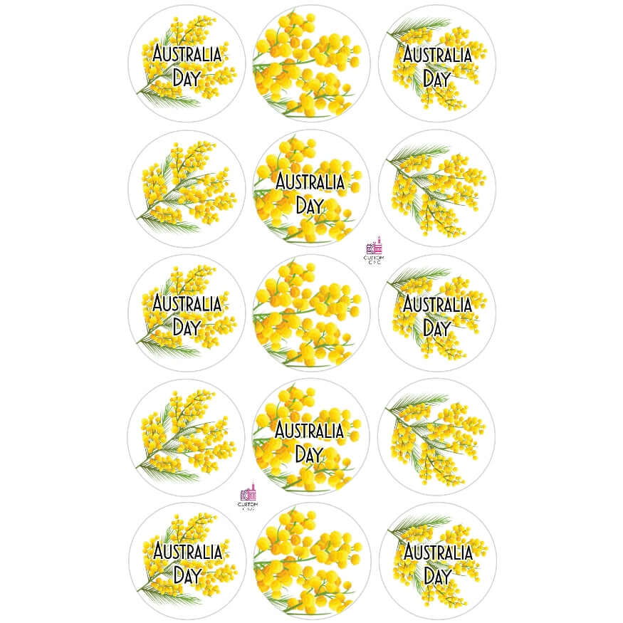 Australia Day Golden Wattle Edible Printed Wafers - 3.3cm x 15pcs - CustomIcing.com.au