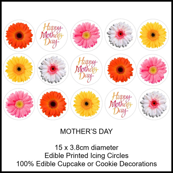 Mother's Day - Edible Printed Icing Cupcake or Cookie Toppers (15 x 3.3cm)