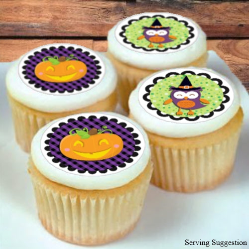 Pumpkin & Owl Edible Image Cupcake/Cookie Toppers 4cm diam x 20 - CustomIcing.com.au