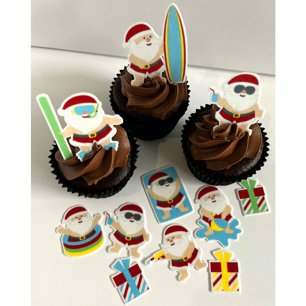 Summer Santa Edible Printed Wafer Cupcake Toppers - 4cm x 21 pieces - CustomIcing.com.au