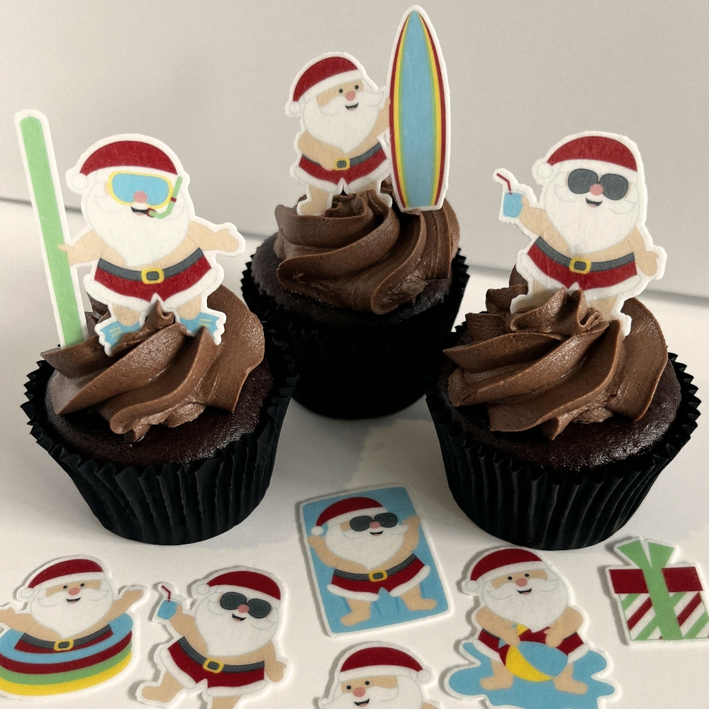 Summer Santa Edible Printed Wafer Cupcake Toppers - 4cm x 21 pieces - CustomIcing.com.au