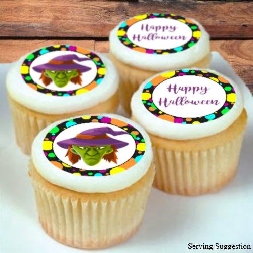 Witch Happy Halloween Edible Image Cupcake/Cookie Toppers 4cm diam x 20 - CustomIcing.com.au