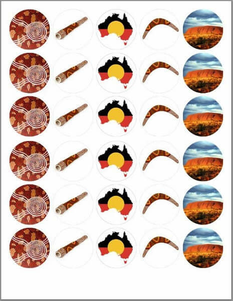 Australian Aboriginal Theme Cupcake Edible Toppers 3.3cm x 30 - CustomIcing.com.au