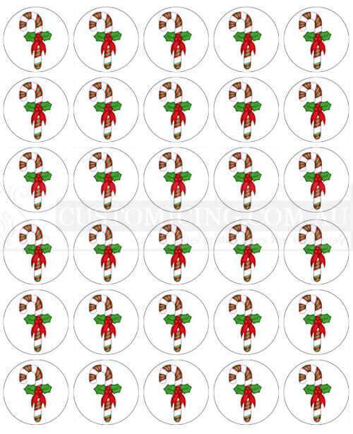 Christmas Candy Cane Mini Cupcake Edible Image Toppers 3.3cm x 30