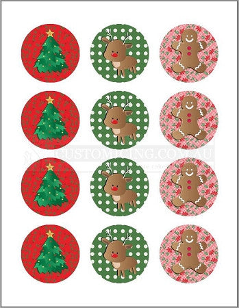 Designer Christmas Edible Image 5.5cm x 12 Cupcake Cookie Toppers - CustomIcing.com.au
