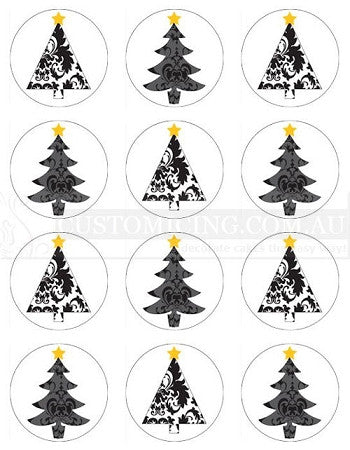 Damask Christmas Trees Edible Image Cupcake Toppers 5.5cm diameter
