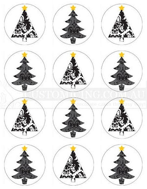 Damask Christmas Trees Edible Image Cupcake Toppers 5.5cm diameter - CustomIcing.com.au