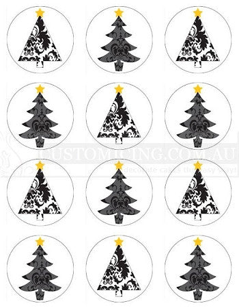 Damask Christmas Trees Edible Image Cupcake Toppers 5.5cm diameter - CustomIcing.com.au