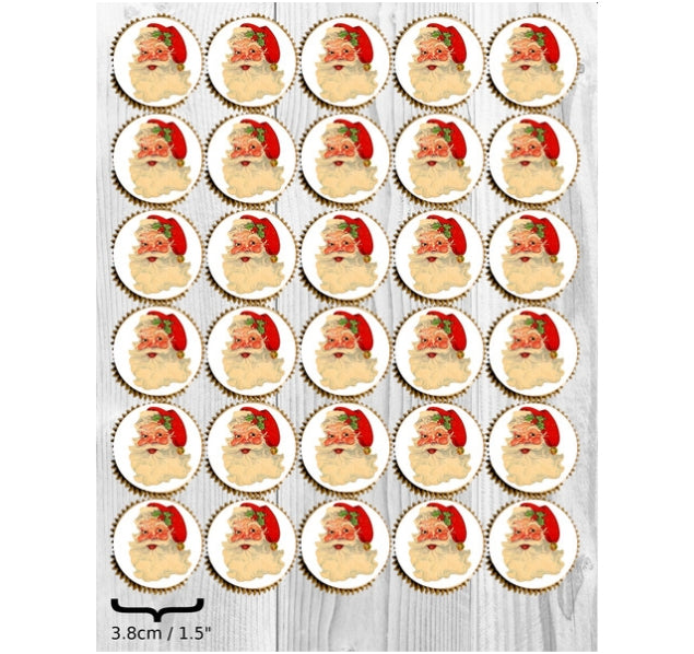 Happy Santa Mini Cupcake Edible Image Toppers 3.3cm x 30 - CustomIcing.com.au