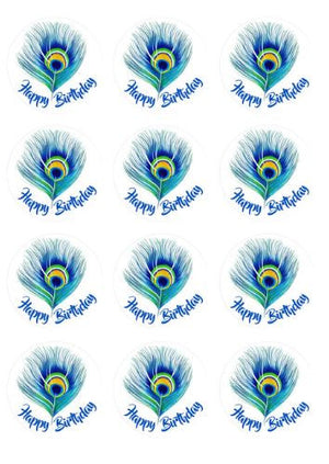 Peacock Happy Birthday - 12 x 5.5cm diam Cupcake Edible Images - CustomIcing.com.au