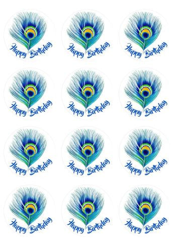Peacock Happy Birthday - 12 x 5.5cm diam Cupcake Edible Images - CustomIcing.com.au