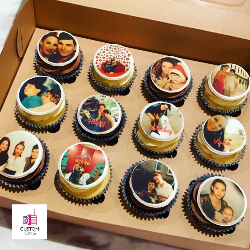 A box with 12 cupcakes topper with Custom Icing edible images, each a different photo. personalised cupcake toppers. 