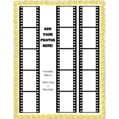3 Film Strips - Add your 15 photos! - Edible Image Cake Decoration - 25cm x 5cm (x3)