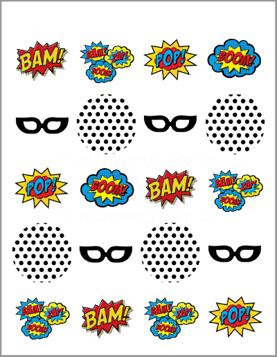 Superhero Action - 20 x 4cm Edible Image Cupcake Toppers - CustomIcing.com.au