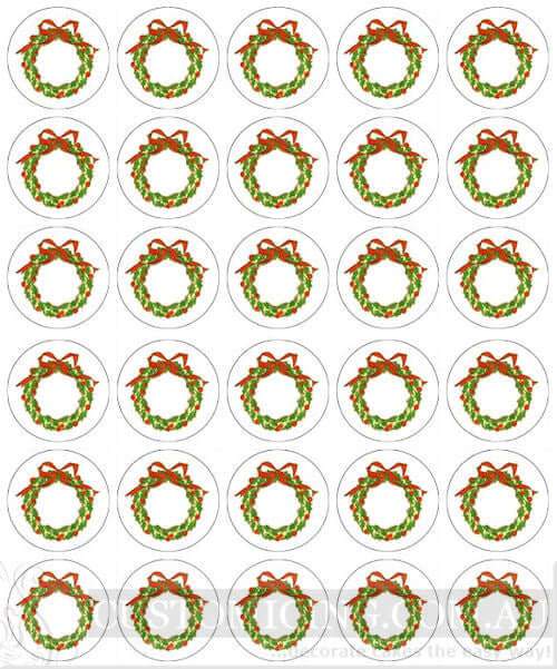 Christmas Wreaths Mini Cupcake Edible Image Toppers 3.3cm x 30 - CustomIcing.com.au